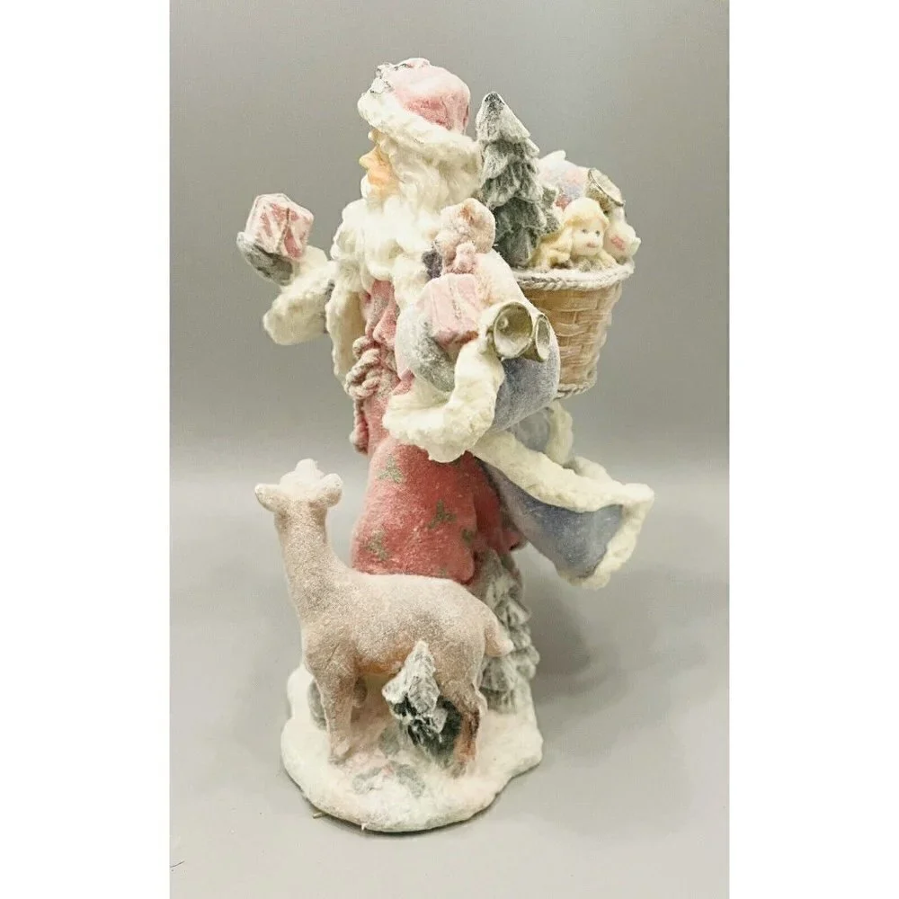Vintage Flocked Woodland Santa Figurine 8” Toy Bag Frosted Three Hands Corp